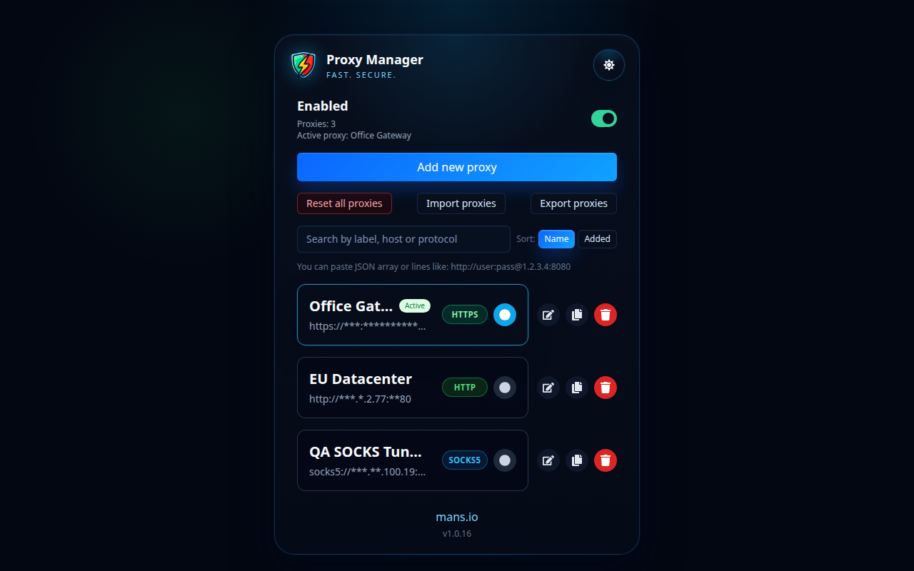 Proxy Manager profil siyahısı